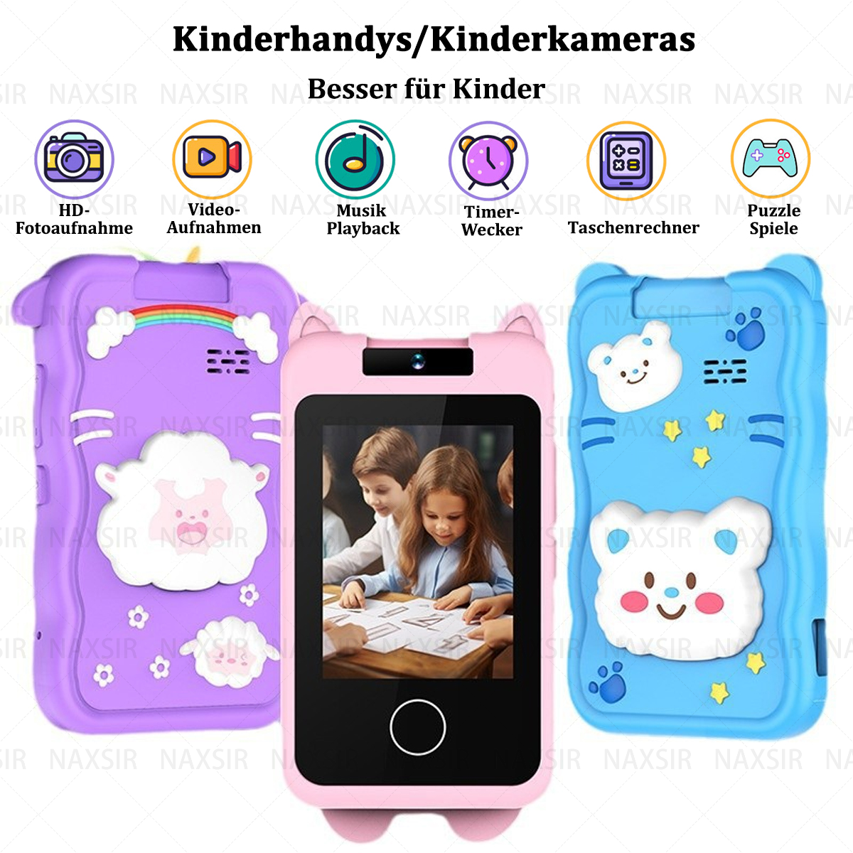 Drei farbenfrohe, kinderfreundliche Kameras mit unterschiedlichen Designs und Funktionssymbolen.