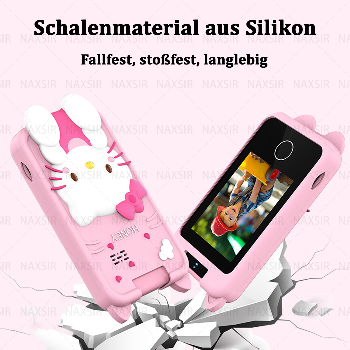 Rosa Handyhülle mit Hello Kitty Design. Handy-Bildschirm zeigt ein Kind.