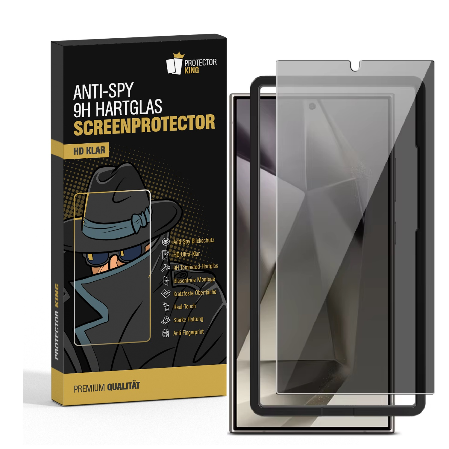Eine Telefon-Displayschutzbox und der Schutz selbst. Auf der Box steht 'Anti-Spy 9H Hartglas-Displayschutz'.