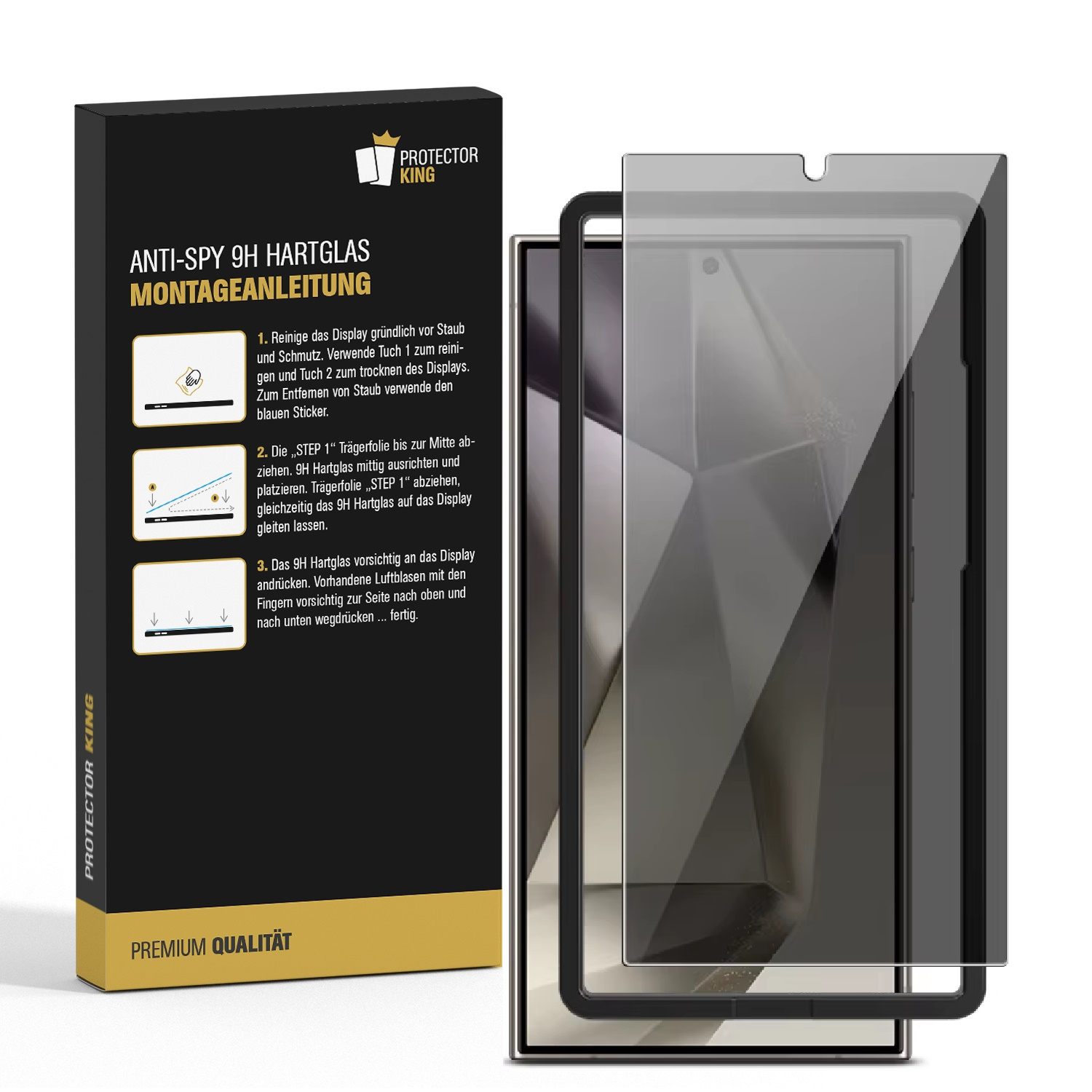 Schachtel und Displayschutzfolie für ein Telefon, mit Anweisungen auf der Schachtel.