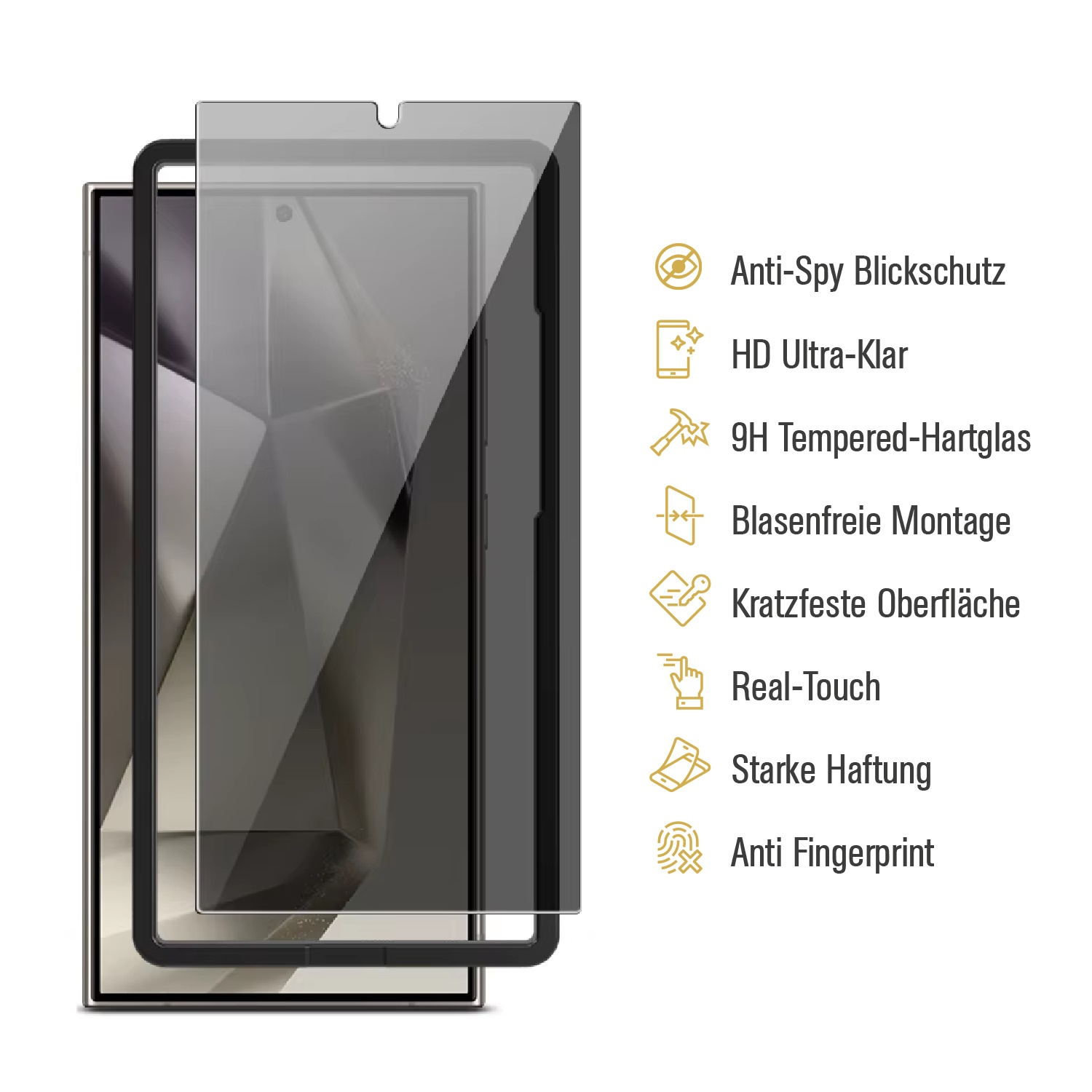 Smartphone-Displayschutz mit detaillierten Funktionen und einem Telefon, auf weißem Hintergrund.