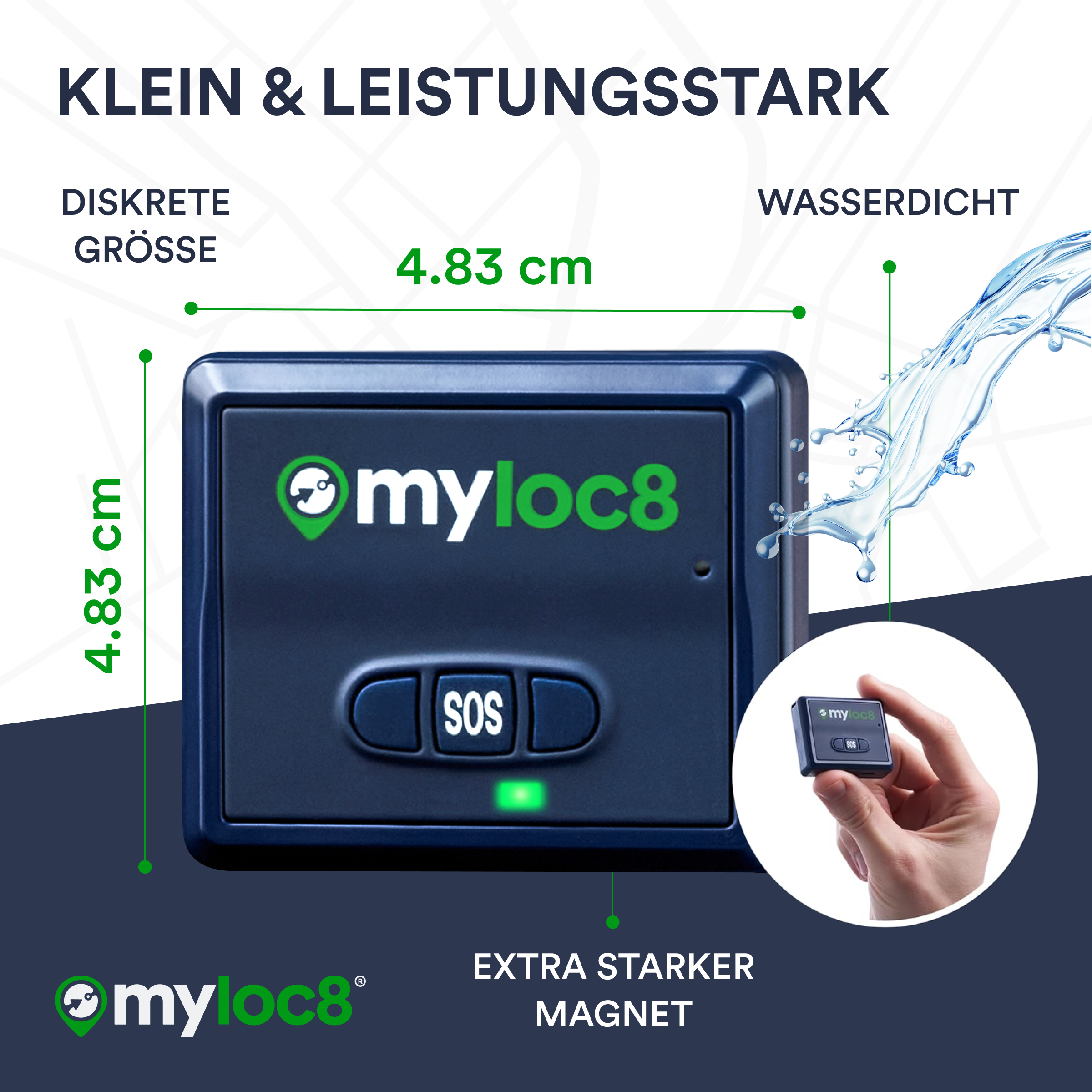 Ein blaues Ortungsgerät mit dem Text 'myLoc8'. Es hat eine SOS-Taste und ist klein.