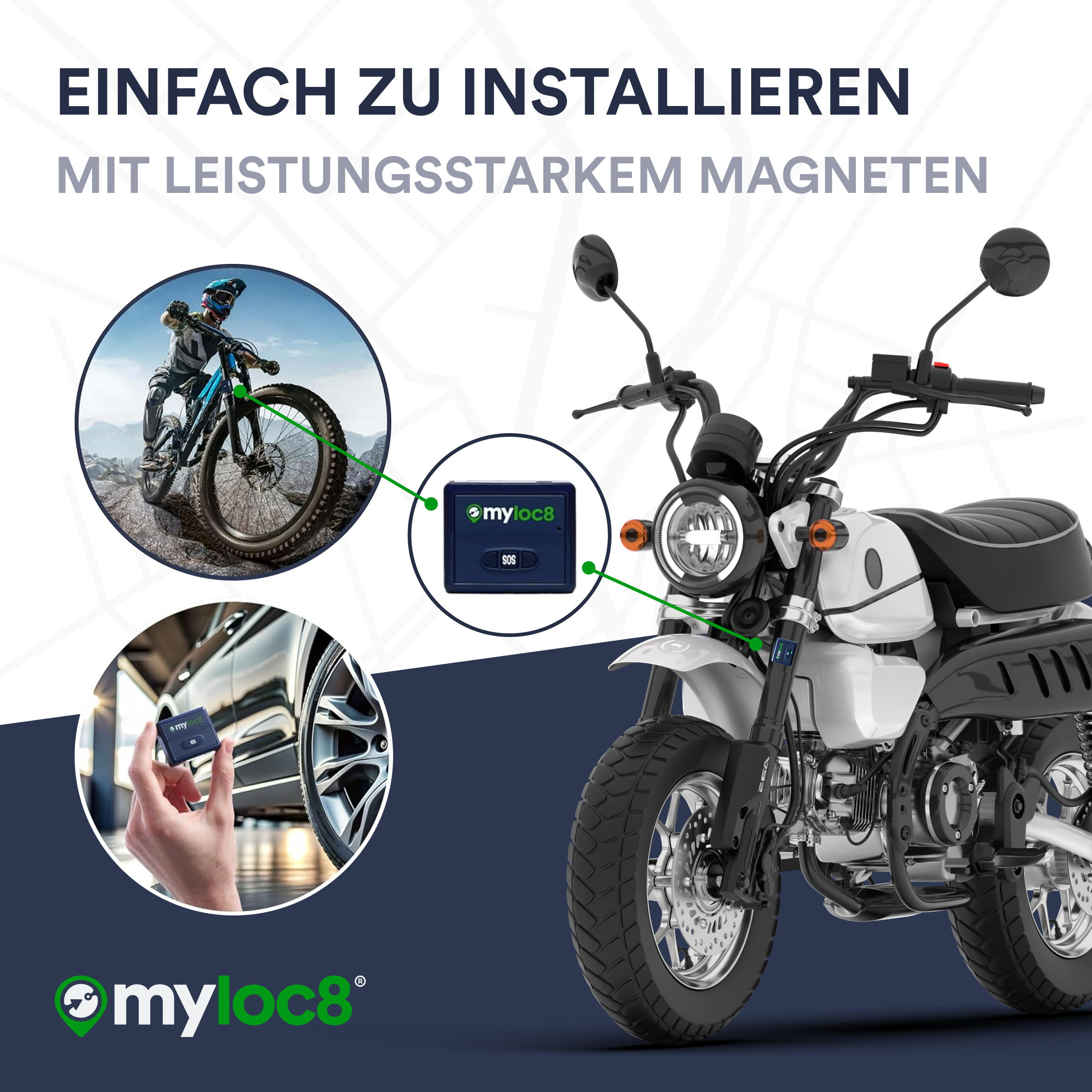 Bild mit Text, der die einfache Installation eines Tracker-Geräts zeigt und dessen Verwendung demonstriert.