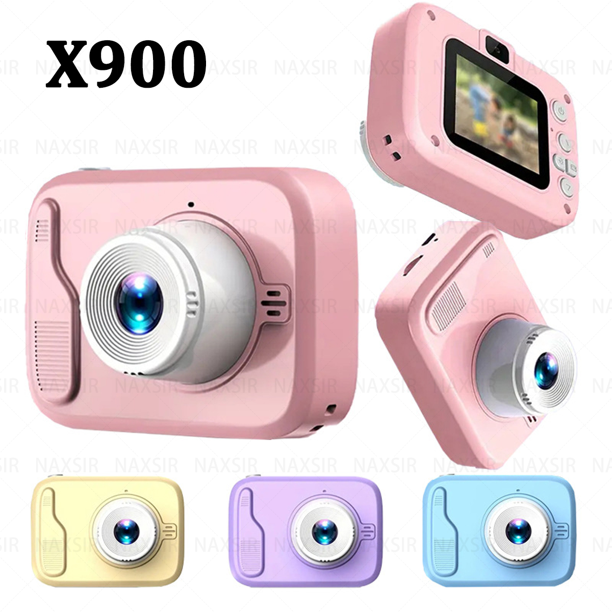 Fotocamera rosa con più viste. Mostra lente, pulsanti e un piccolo schermo.