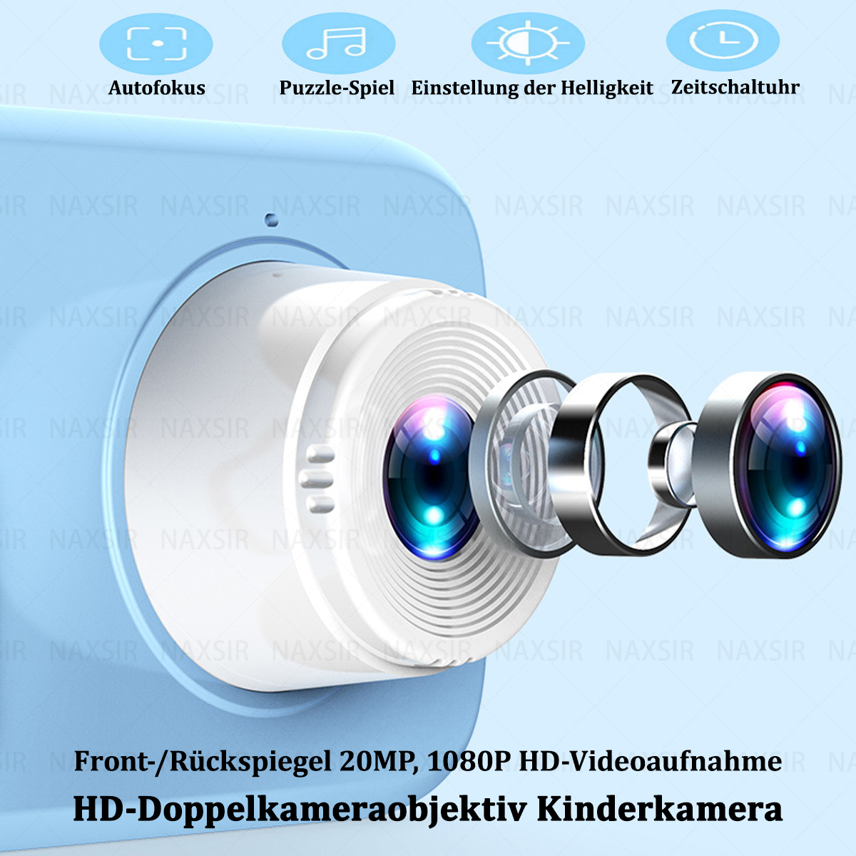 Primo piano di una fotocamera blu. Caratteristiche: obiettivo, pulsanti e testo 'HD-Doppia fotocamera'.