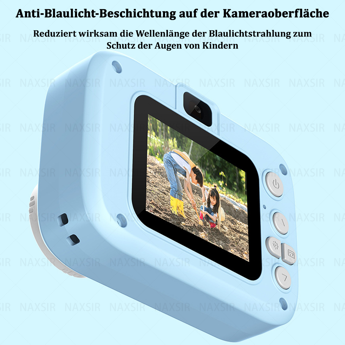 Fotocamera blu con schermo che mostra bambini. Testo: 'Rivestimento anti luce blu'.