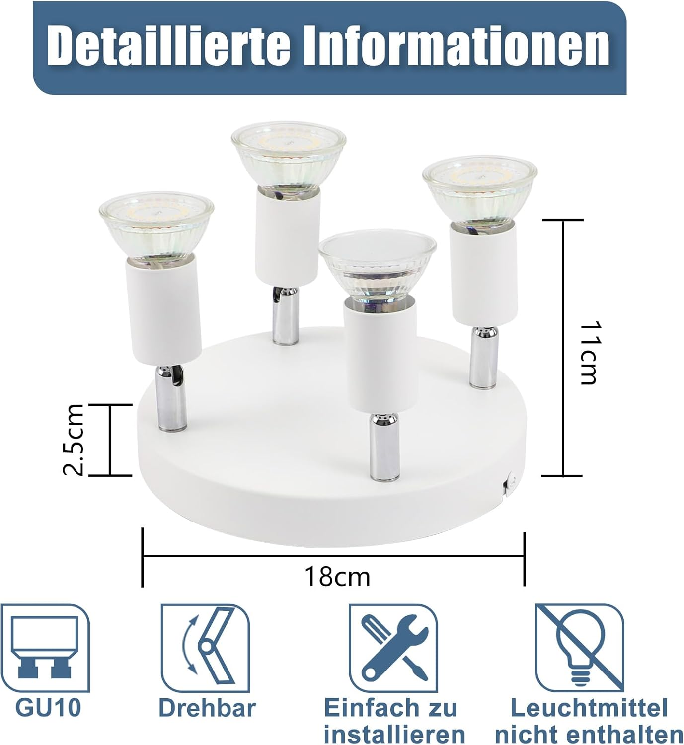 Apparecchio di illuminazione a soffitto bianco. Quattro luci con dimensioni e GU10, e altre icone.