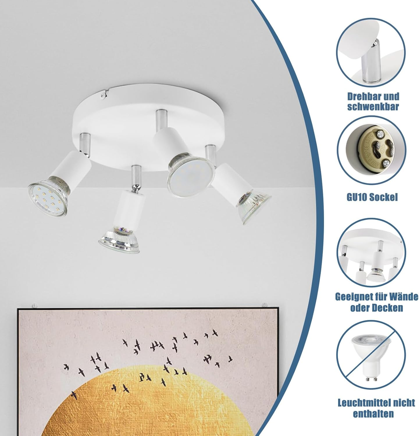 Luce da soffitto bianca con quattro luci regolabili. Icone dettagliate mostrano GU10 e altre funzioni.