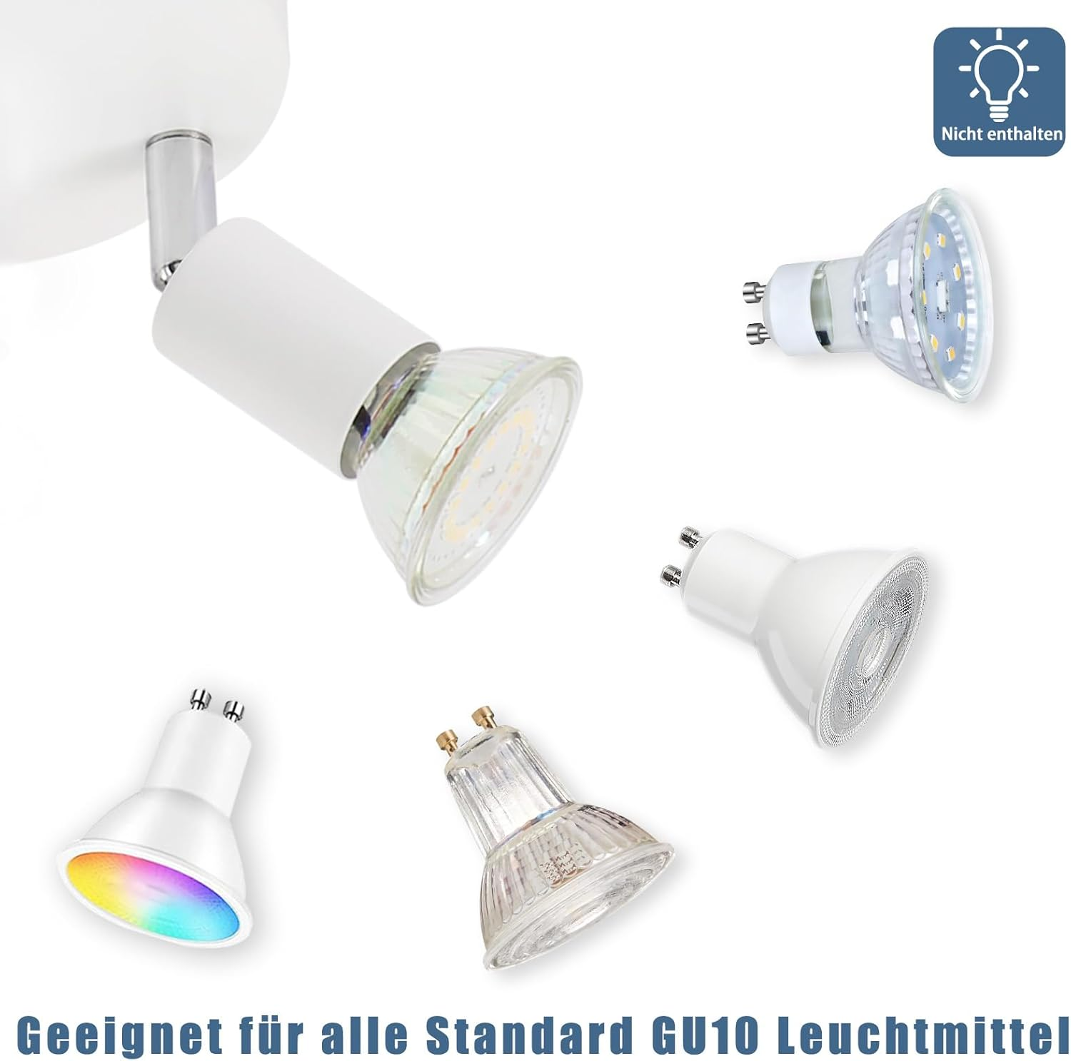 Un'apparecchio di illuminazione a binario bianco con quattro faretti, più testo tedesco: Nicht enthalten.