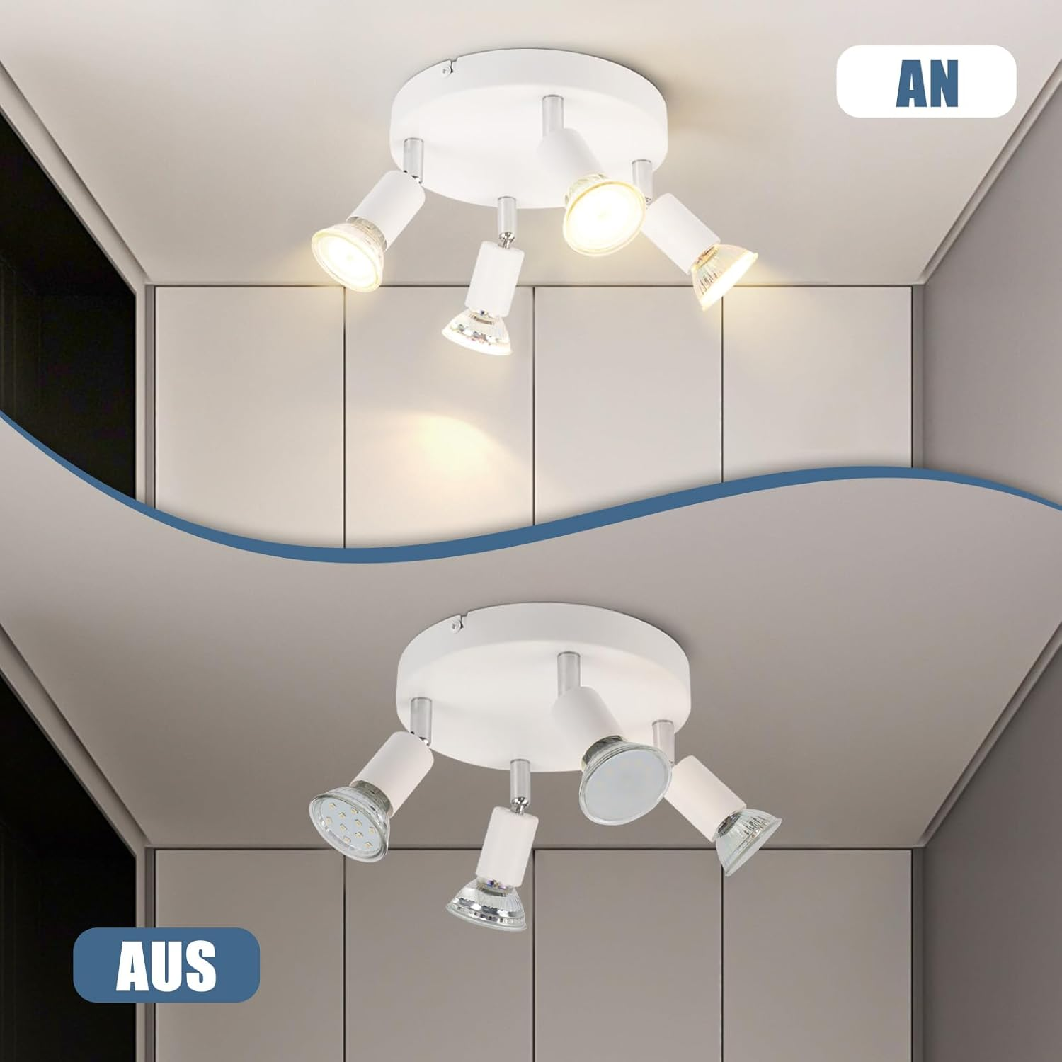 Luci a soffitto in due stati: accese e spente. Apparecchi bianchi con teste regolabili.