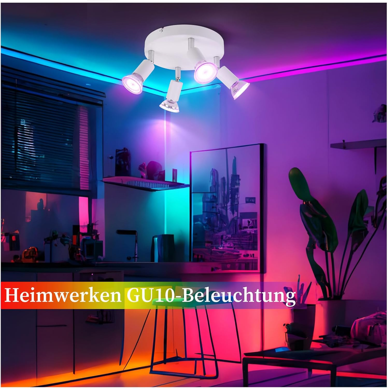 Cucina con luci colorate. Faretti a soffitto. Testo GU10-Beleuchtung.