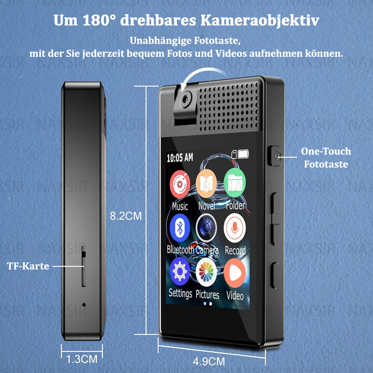 Schwarzer, rechteckiger MP3-Player mit Bildschirm, Tasten und drehbarem Kameraobjektiv oben.