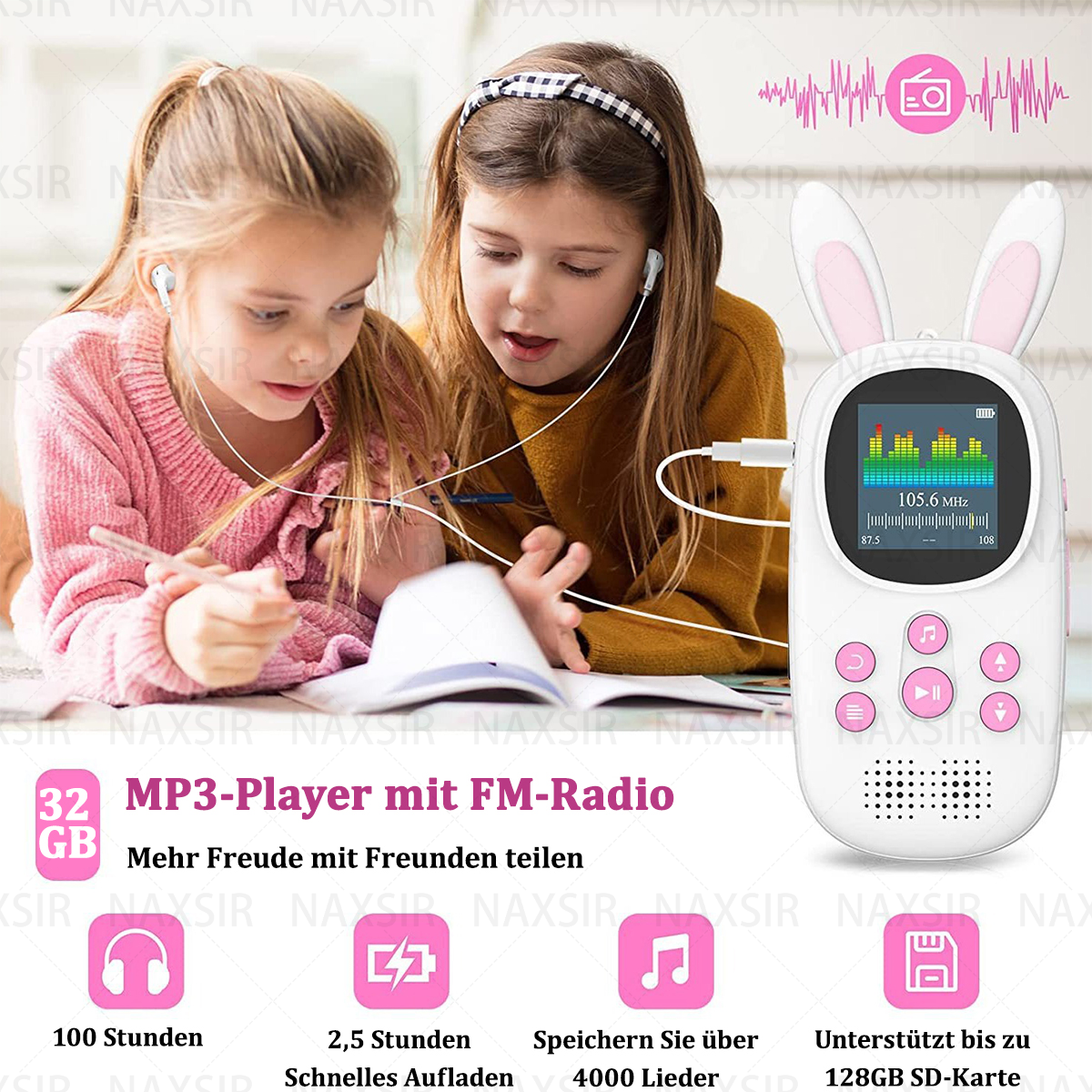 Due ragazze con le cuffie ascoltano il lettore MP3 con orecchie da coniglio, e testo sul prodotto.