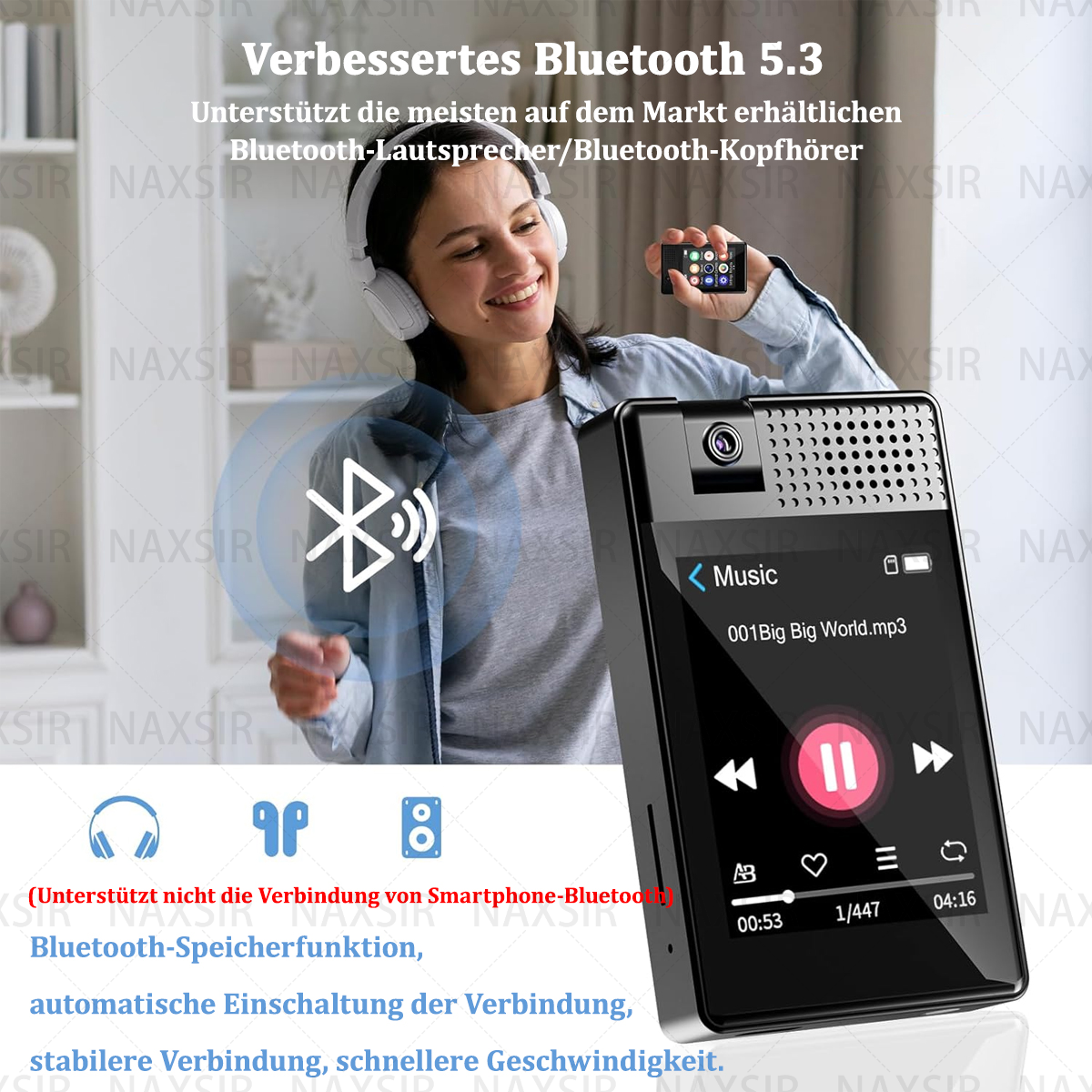 Tragbarer Musikplayer mit Kopfhörern, eine Frau benutzt ihn, und Icons auf weißem Hintergrund.