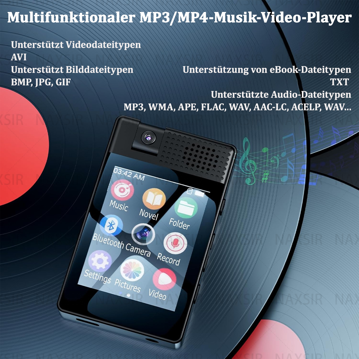 Schwarzer MP3-Player mit Bildschirm, der Symbole und Informationen anzeigt. Produktinformationen und Hintergrund sichtbar.