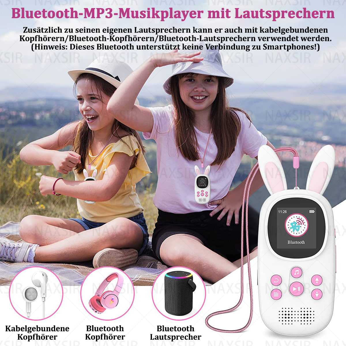 Due ragazze con un lettore MP3 con orecchie da coniglio. Gli accessori includono cuffie e altoparlante.