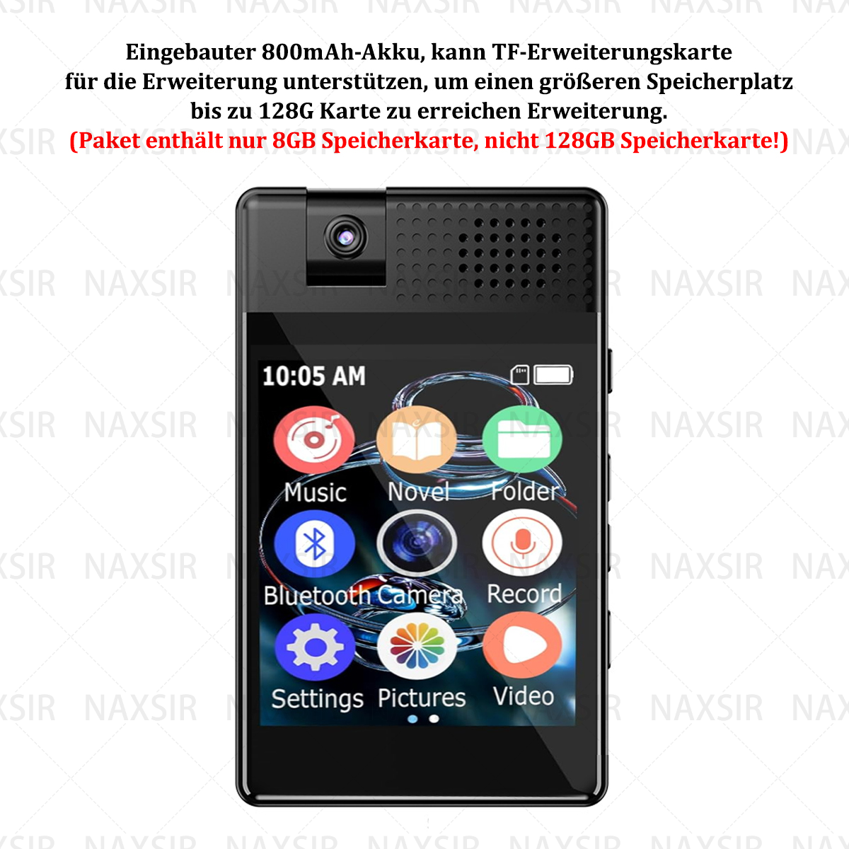 Schwarzer MP3-Player mit einem Bildschirm, der Symbole und die Uhrzeit anzeigt. Produktinformationen sind ebenfalls sichtbar.