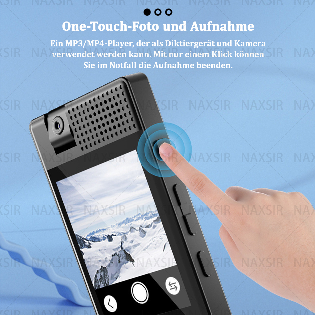Schwarzer MP3-Player mit Bildschirm, der Symbole zeigt und eine Hand, die den Bildschirm berührt. Hintergrund sichtbar.