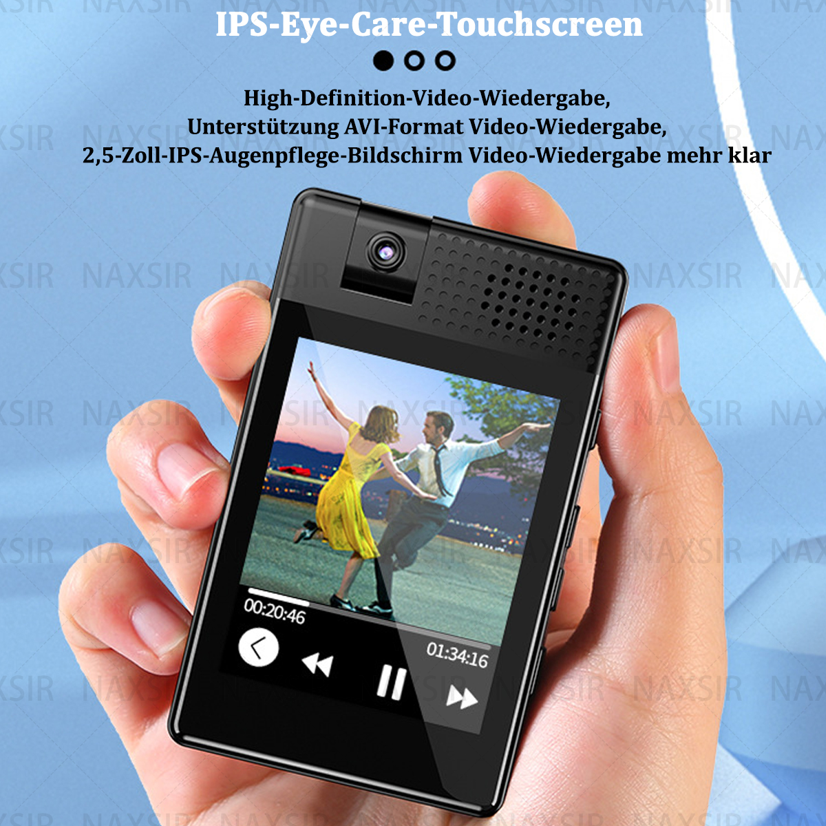 Ein tragbarer schwarzer Videoplayer. Der Bildschirm zeigt ein Video von einem tanzenden Paar. Text ist auf dem Bildschirm.