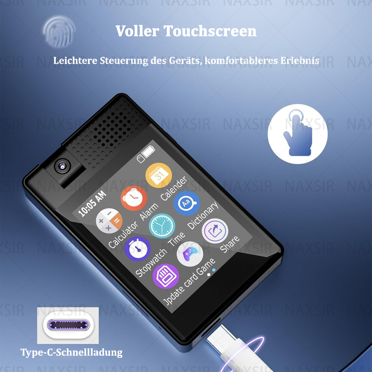 Schwarzer MP3-Player mit Touchscreen und weißem Ladeanschluss, zeigt App-Symbole auf dem Bildschirm.