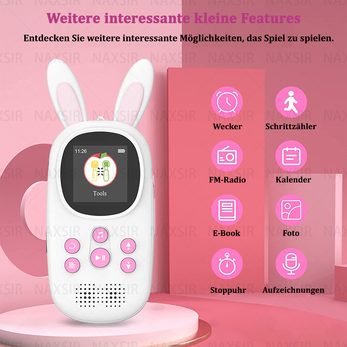 Un lettore MP3 con orecchie da coniglio con varie icone di funzione, con icone aggiuntive per le funzionalità.