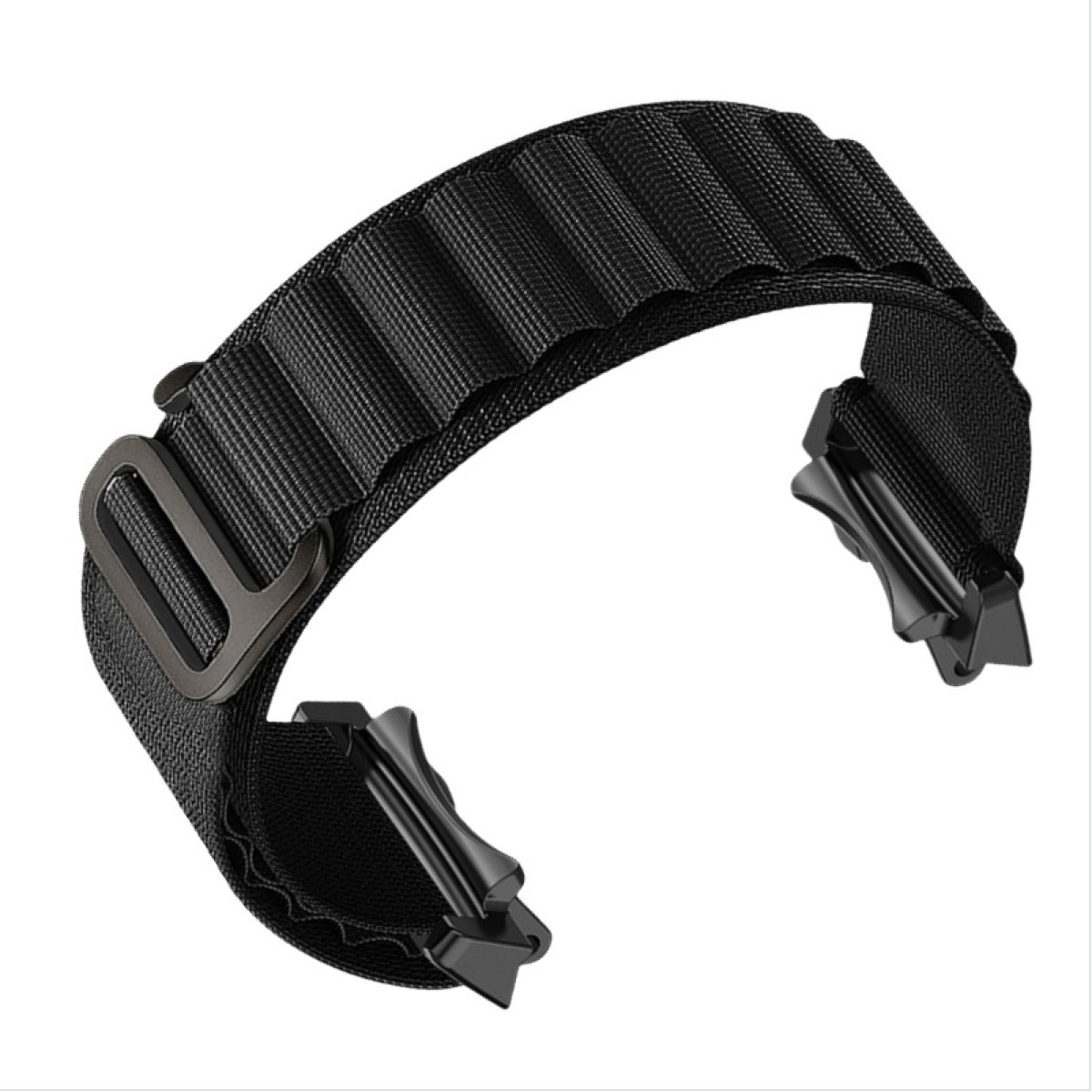 Cinturino per orologio in nylon nero con porta cartucce per fucile, fibbia e due attacchi neri.