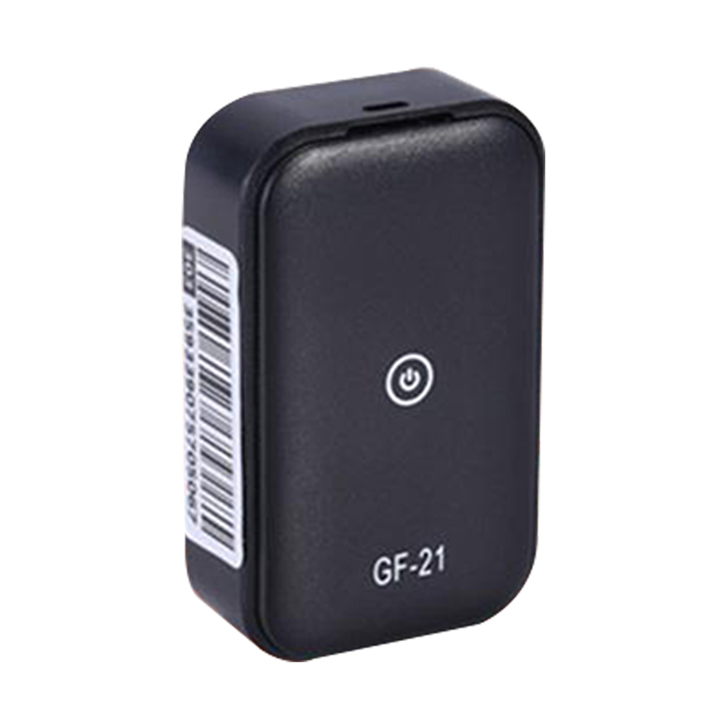 Schwarzes GF-21 GPS-Tracker-Gerät. Es hat einen Power-Knopf und einen Seriennummernaufkleber.