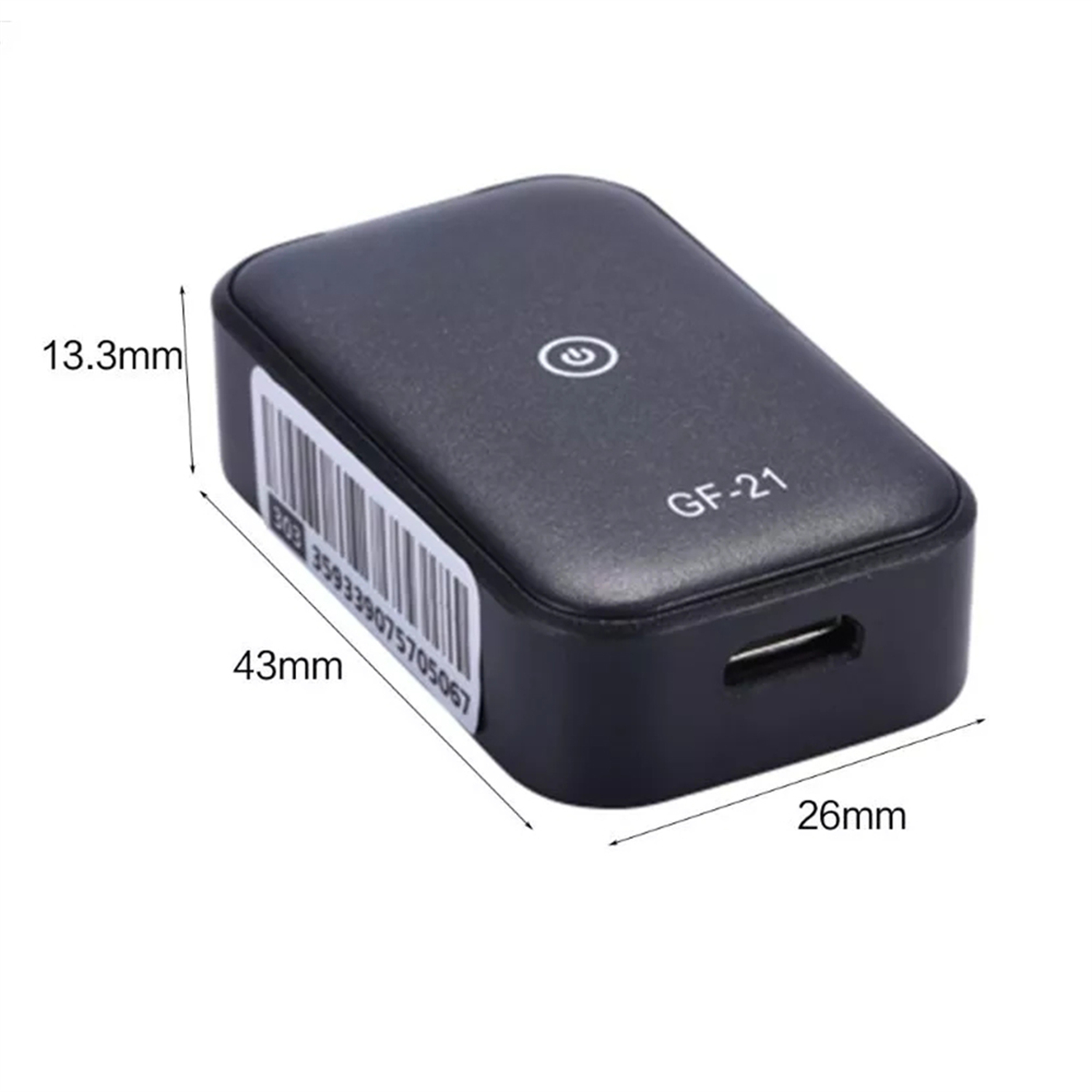 Schwarzer rechteckiger GPS-Tracker mit Ein-/Aus-Taste, USB-Anschluss und Größenangaben.