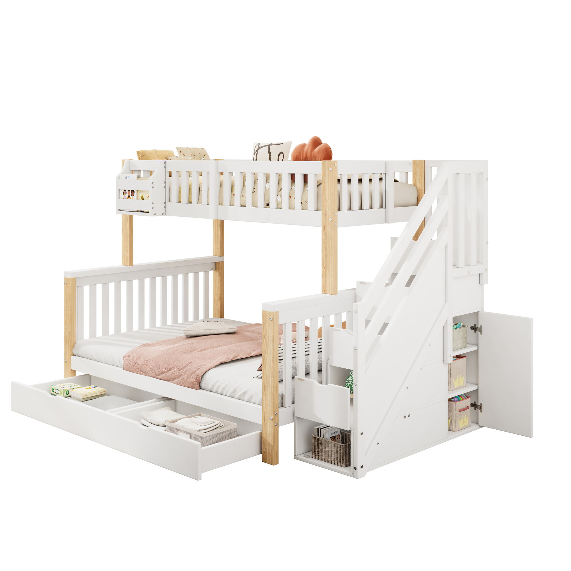 Weißes Etagenbett mit Treppe und Schubladen, mit zwei Betten.