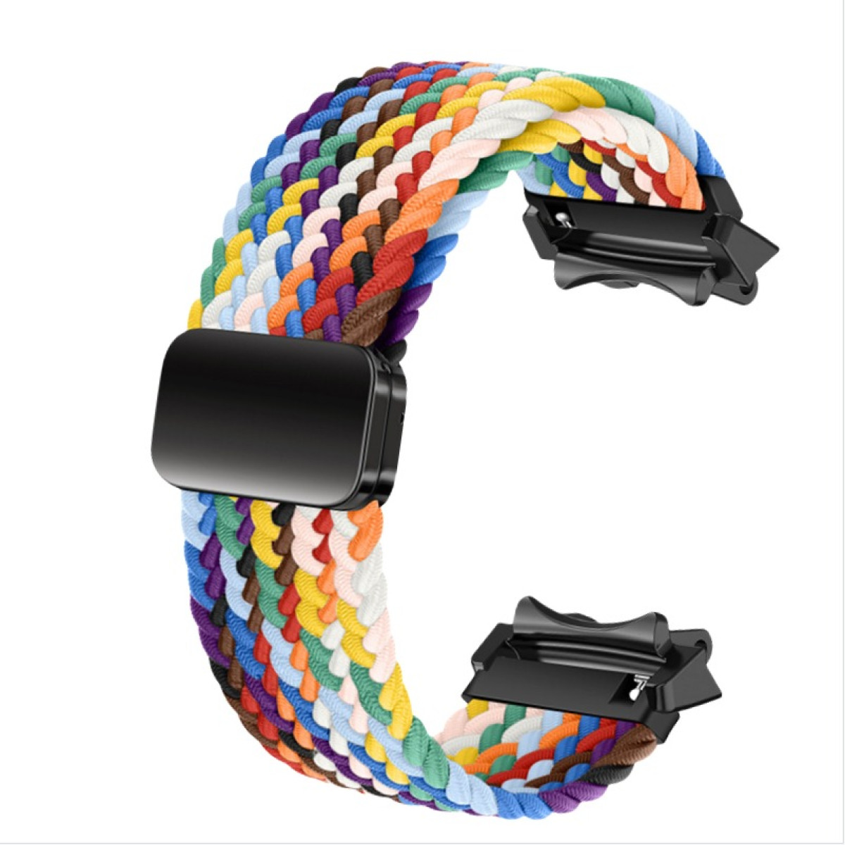 Geflochtenes Uhrenarmband mit mehreren Farben, ähnlich dem vorherigen Bild.