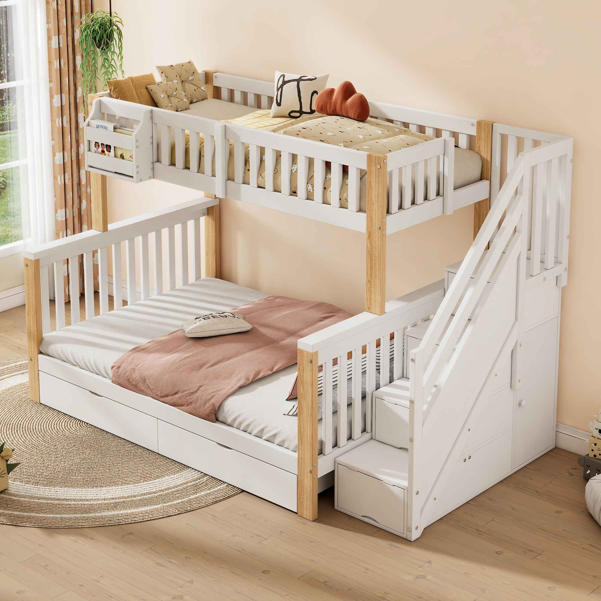 Weißes Etagenbett mit Treppe, Stauraum und zwei Betten, neutraler Hintergrund.