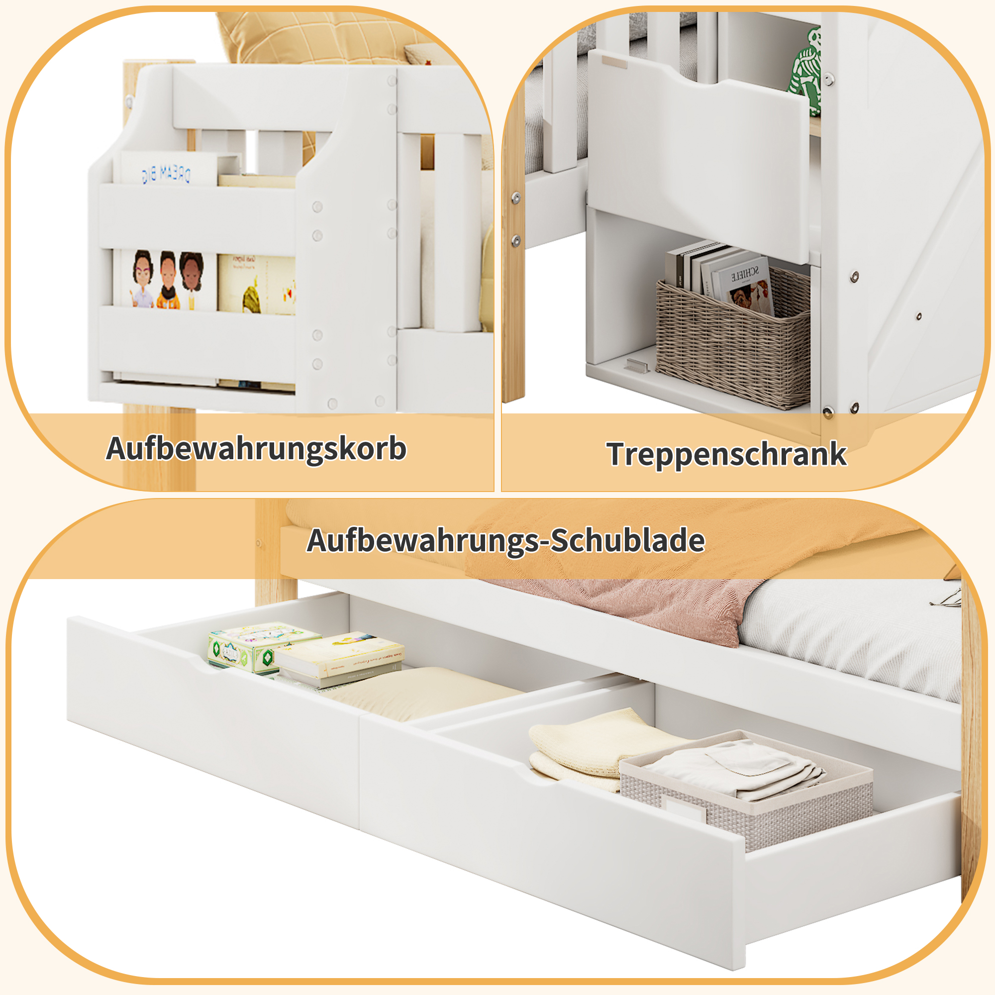Nahaufnahme von Etagenbett-Details: Schubladen, Bücherregal und Treppe.