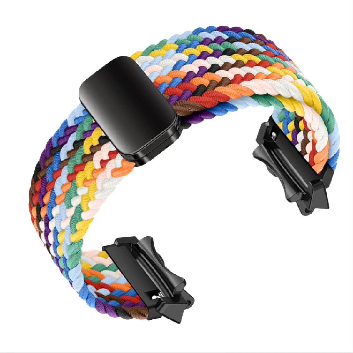 Geflochtenes, mehrfarbiges Uhrenarmband. Es ist mit schwarzen Anschlüssen befestigt.