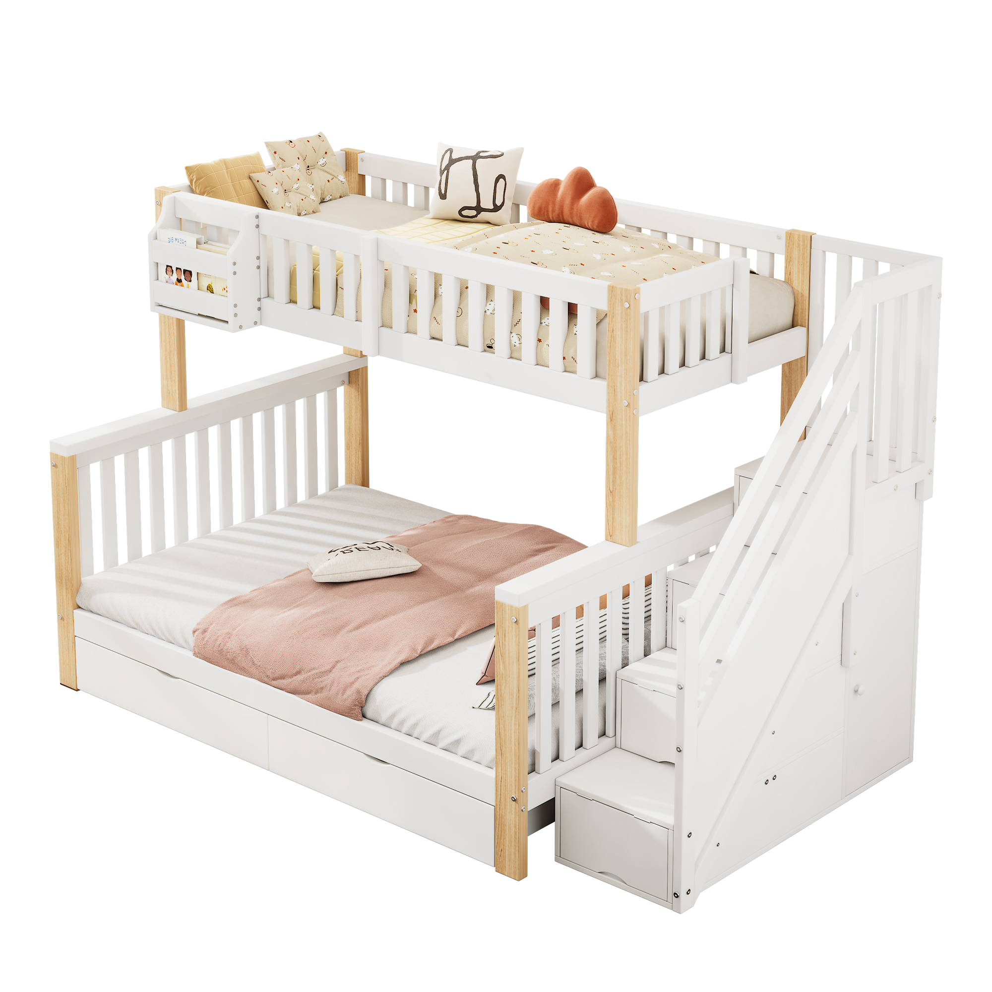 Weißes und Holz-Etagenbett. Hat Treppen, Aufbewahrungsschubladen und zwei Betten mit Kissen und Decken.