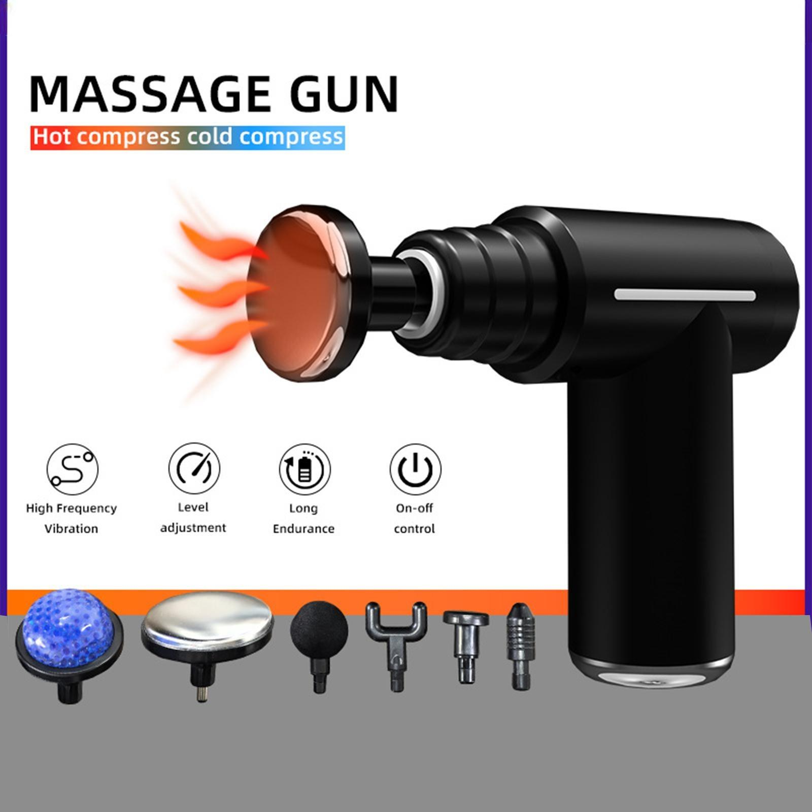 Schwarze Massagepistole mit Aufsätzen und einem rot-orangen Lichteffekt.