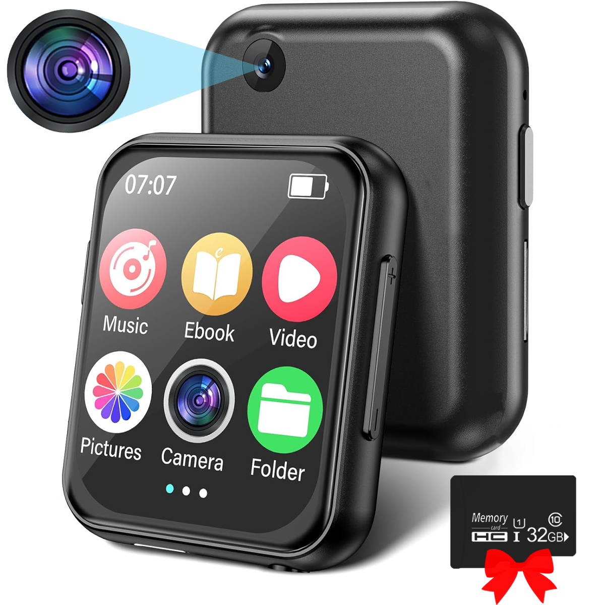 Smartwatch nero con touchscreen, che mostra icone sullo schermo.