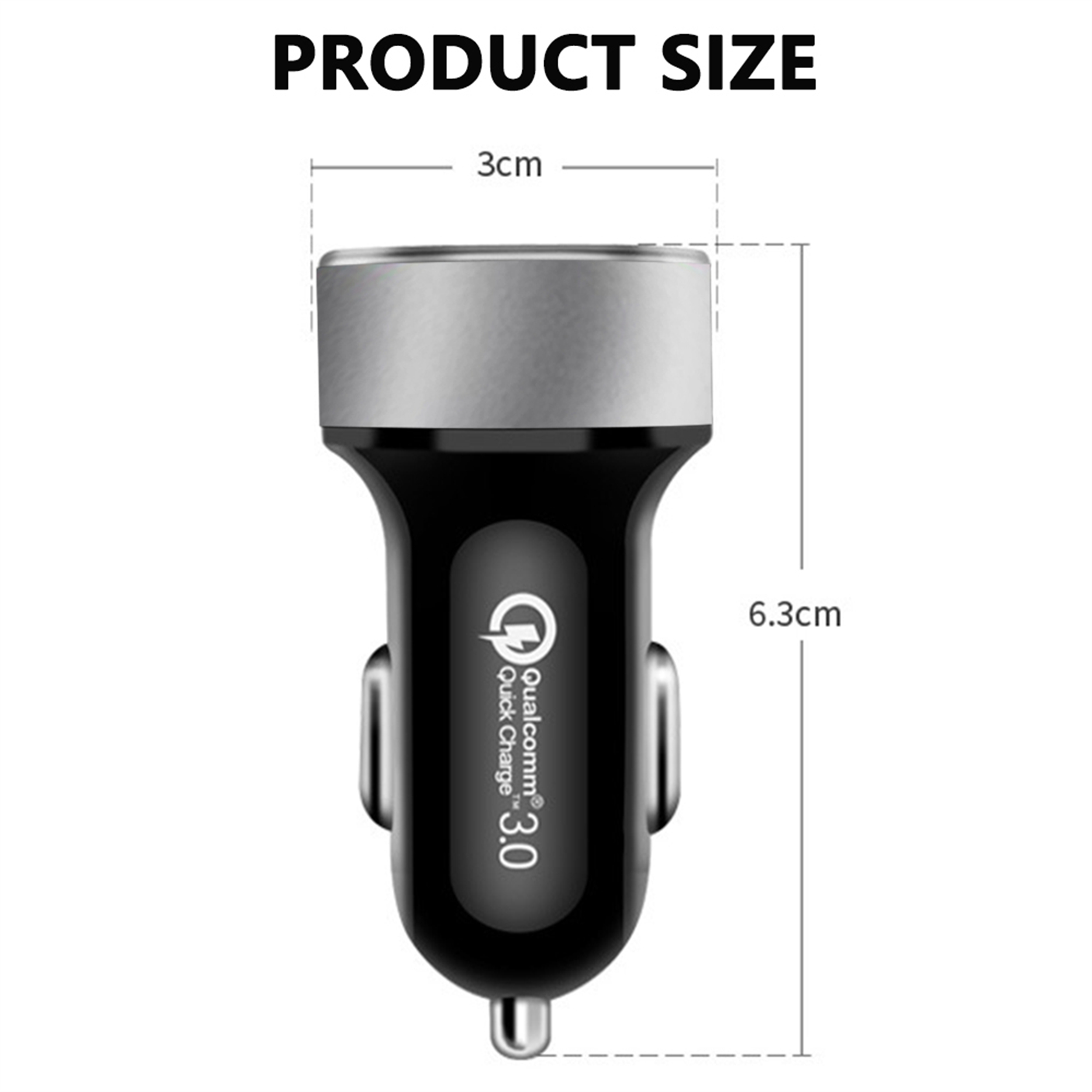 Schwarzes und silbernes Autoladegerät mit Abmessungen und Qualcomm Quick Charge 3.0 Logo.