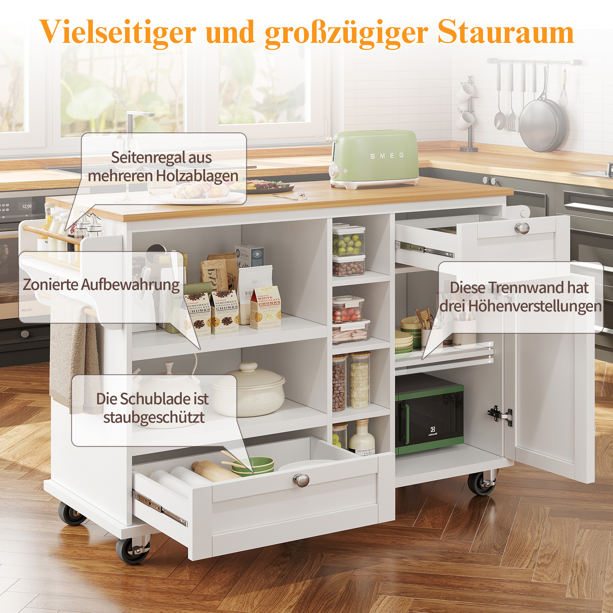 Weiße Kücheninsel mit mehreren Schubladen, Regalen und einer Holz-Arbeitsplatte. Ein grüner SMEG-Toaster steht darauf.