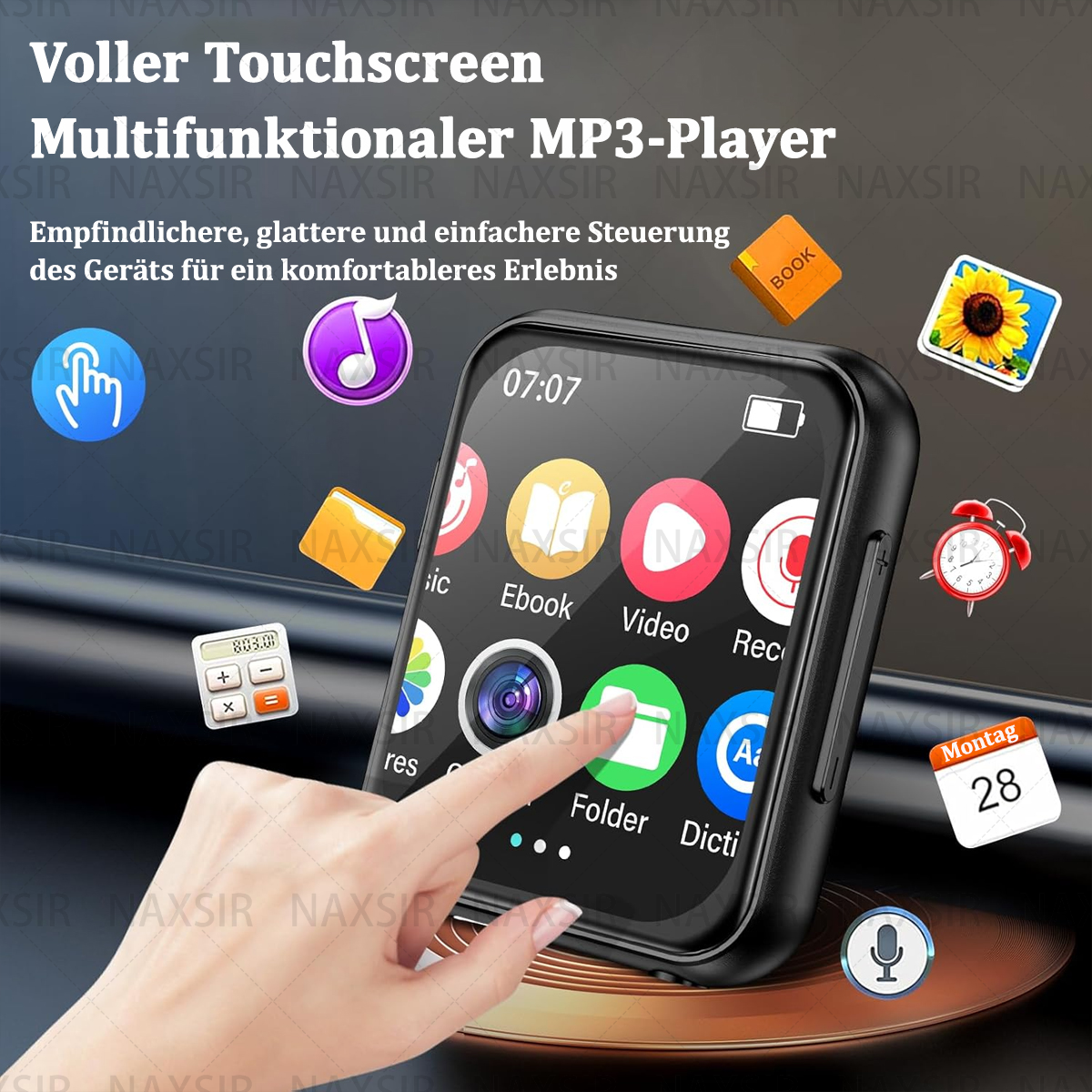 La mano di una persona tocca lo schermo di un lettore MP3 nero. Sono visibili icone per musica, ebook, video e cartella.