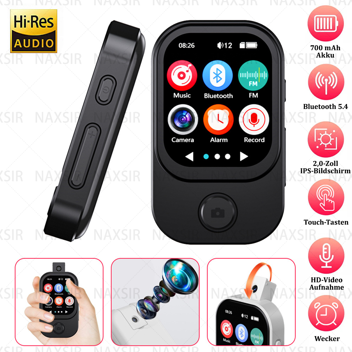 Schwarzer MP3-Player mit Touchscreen, Tasten und Symbolen für Musik, Bluetooth, FM, Kamera, Alarm und Aufnahme.