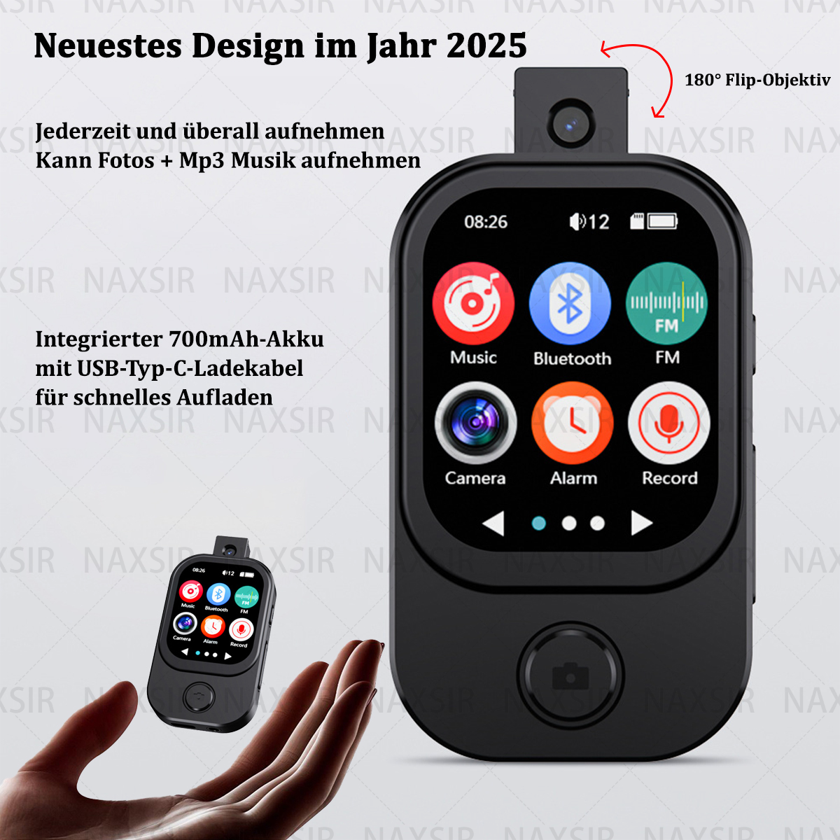Ein schwarzer MP3-Player mit Touchscreen und verschiedenen Symbolen: Musik, Bluetooth, Kamera, Alarm und Aufnahme.