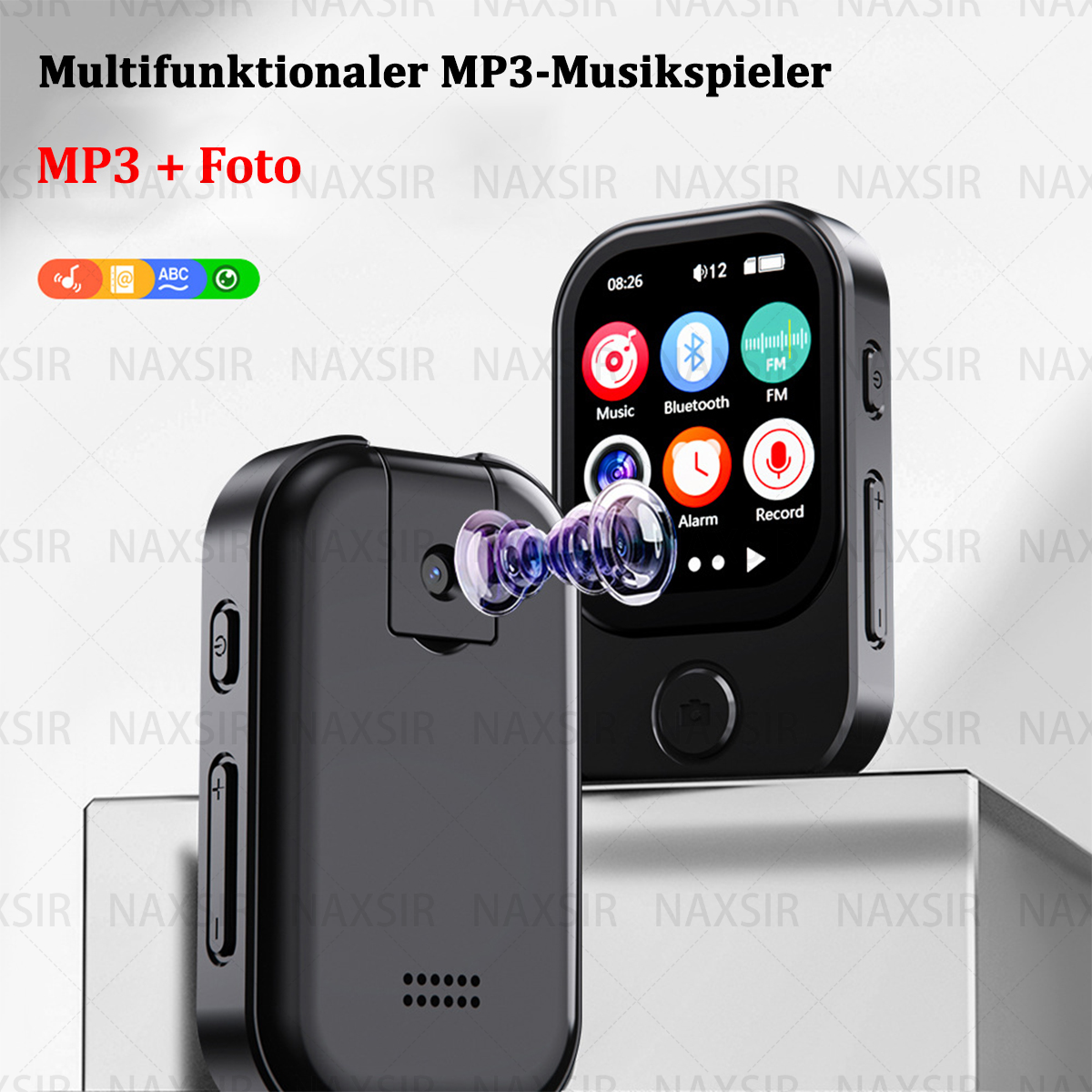 Zwei schwarze MP3-Player, einer mit Kamera. Knöpfe und ein Bildschirm sind sichtbar. Text: MP3 + Foto.
