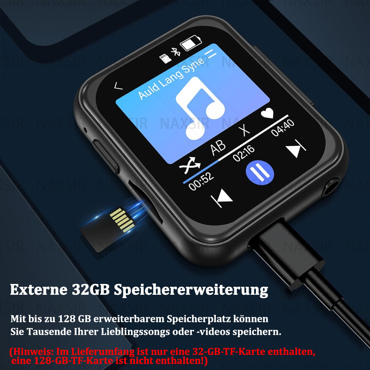 Un lettore MP3 nero con slot per schede TF, che mostra i controlli musicali e una porta USB-C per la ricarica.