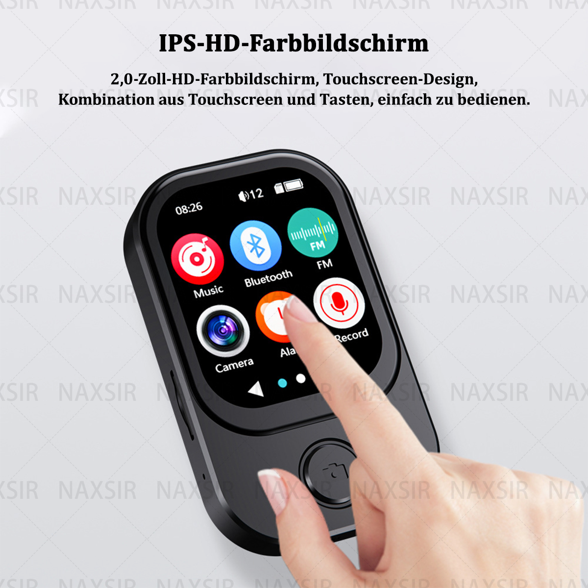 Eine Hand berührt den Touchscreen eines schwarzen MP3-Players, auf dem Symbole für Musik, Bluetooth, FM usw. angezeigt werden.