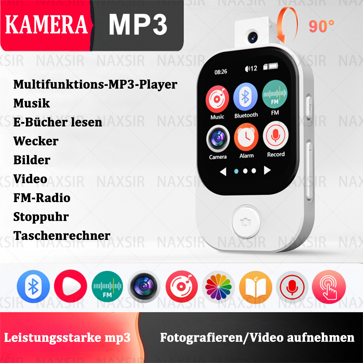 Weißer und schwarzer MP3-Player mit Kamera, mehreren Funktionssymbolen und Text auf Deutsch. Funktionen in Weiß.