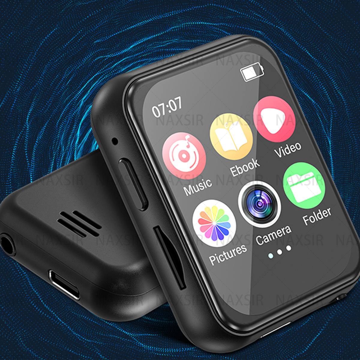 Lettore MP3 nero con touchscreen, che mostra icone per musica, video, fotocamera e altre funzioni.