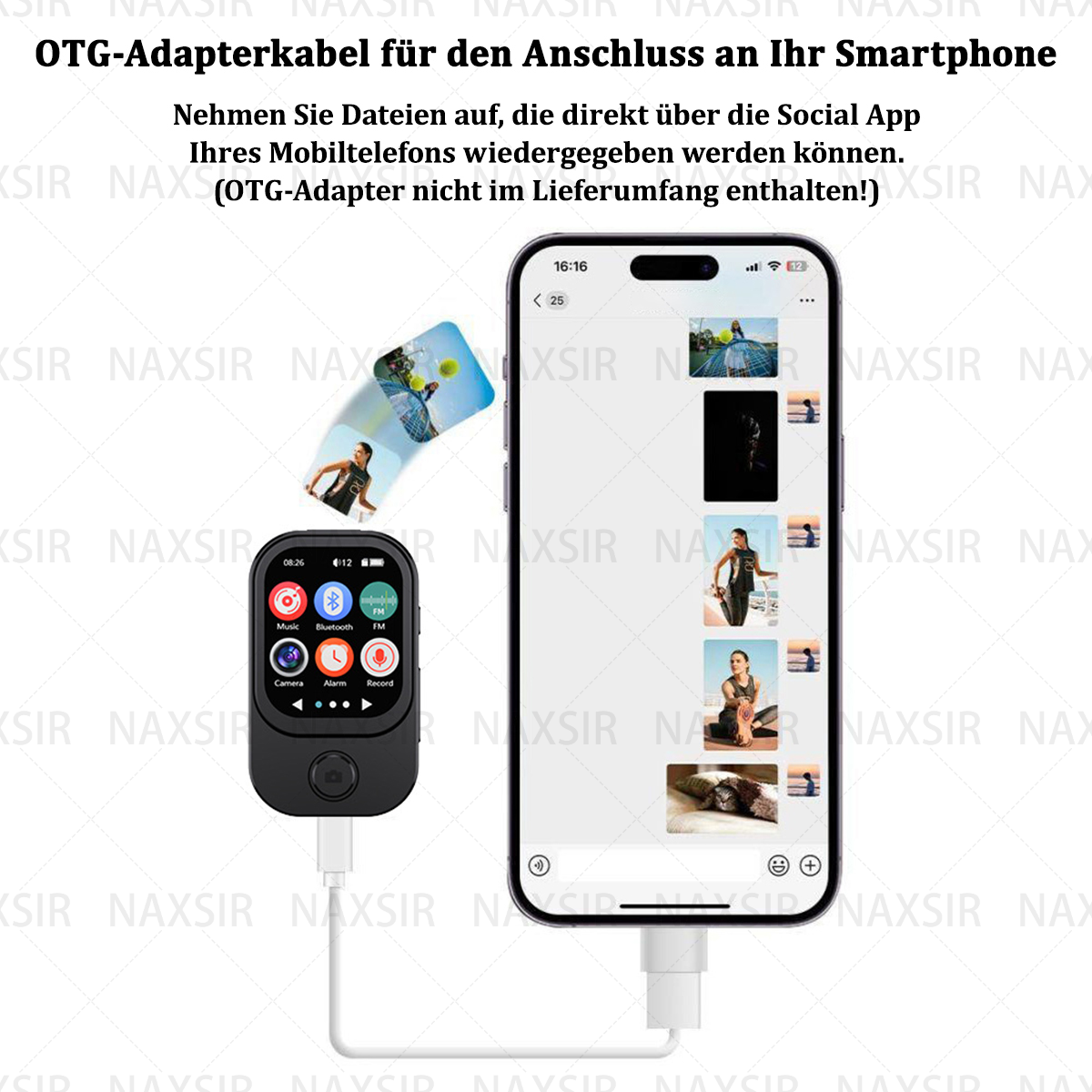 Schwarzer MP3-Player über ein weißes Kabel mit einem Telefon verbunden. Telefon zeigt Bilder, MP3-Player hat Bildschirm.