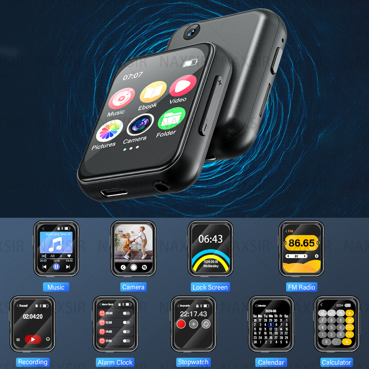 Lettore MP3 nero con icone di più app visibili, tra cui musica, fotocamera e video. Schermate aggiuntive.