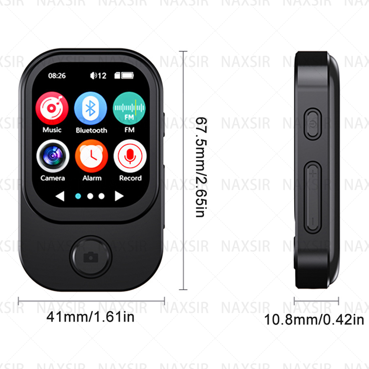 Abmessungen eines MP3-Players: 41 mm breit, 10,8 mm dick und 67,5 mm hoch. Verfügt über Tasten und einen Bildschirm.