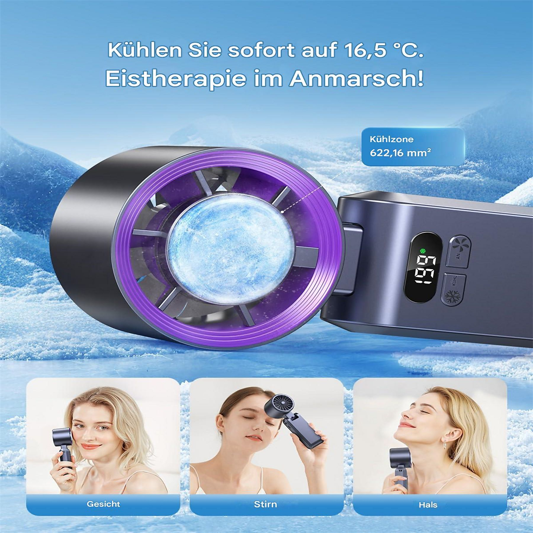 Kühlgerät mit lila Zierleiste. Drei Frauen benutzen es auf Gesicht und Hals.